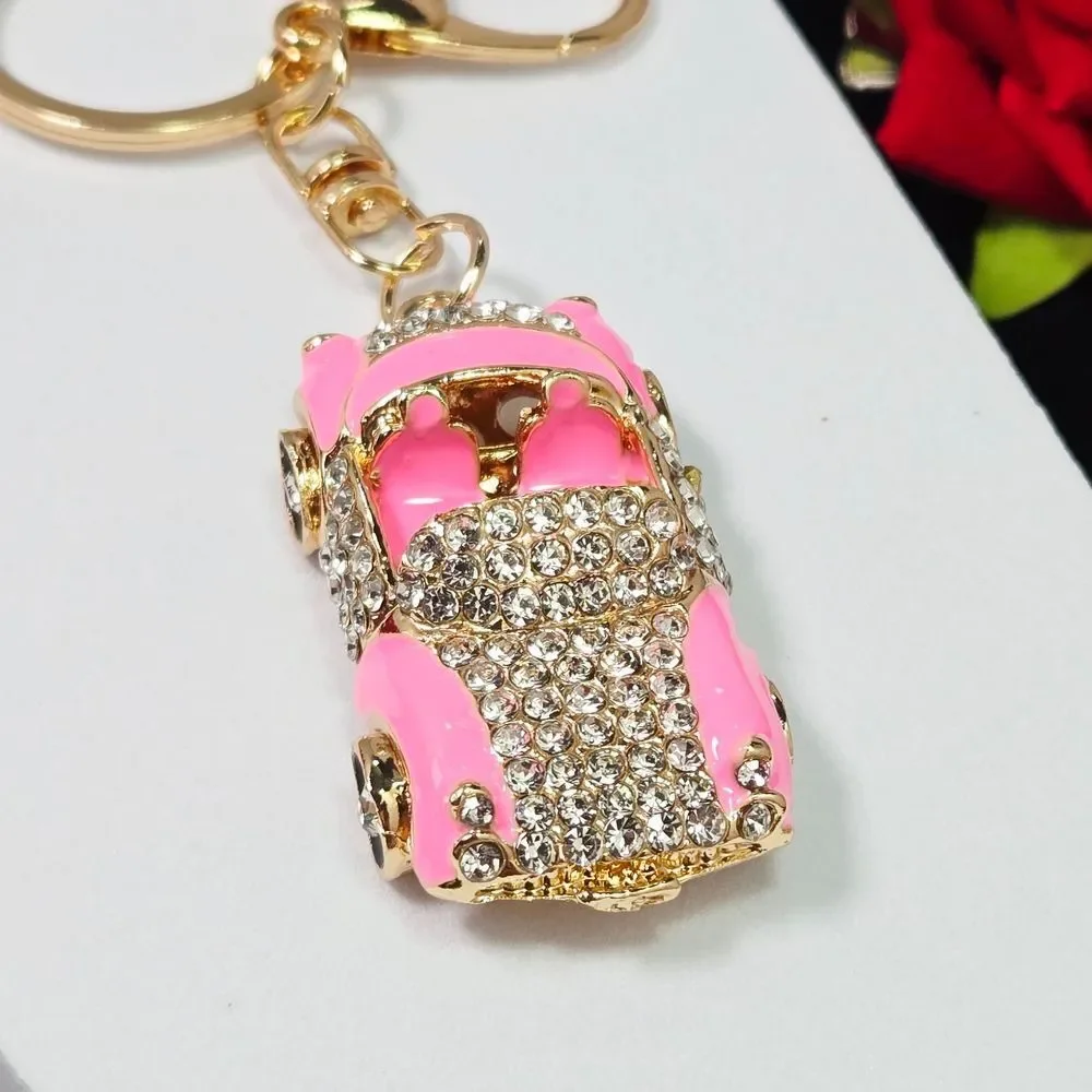 Pink Rhinestone Convertible Car Keychain Gold Bling Purse Bag Charm Car Girl